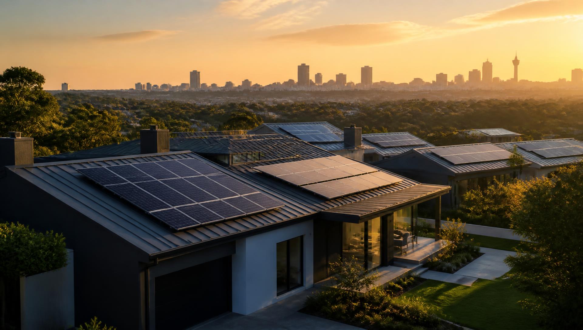 Solar panels installed across a modern South African residential estate at sunset