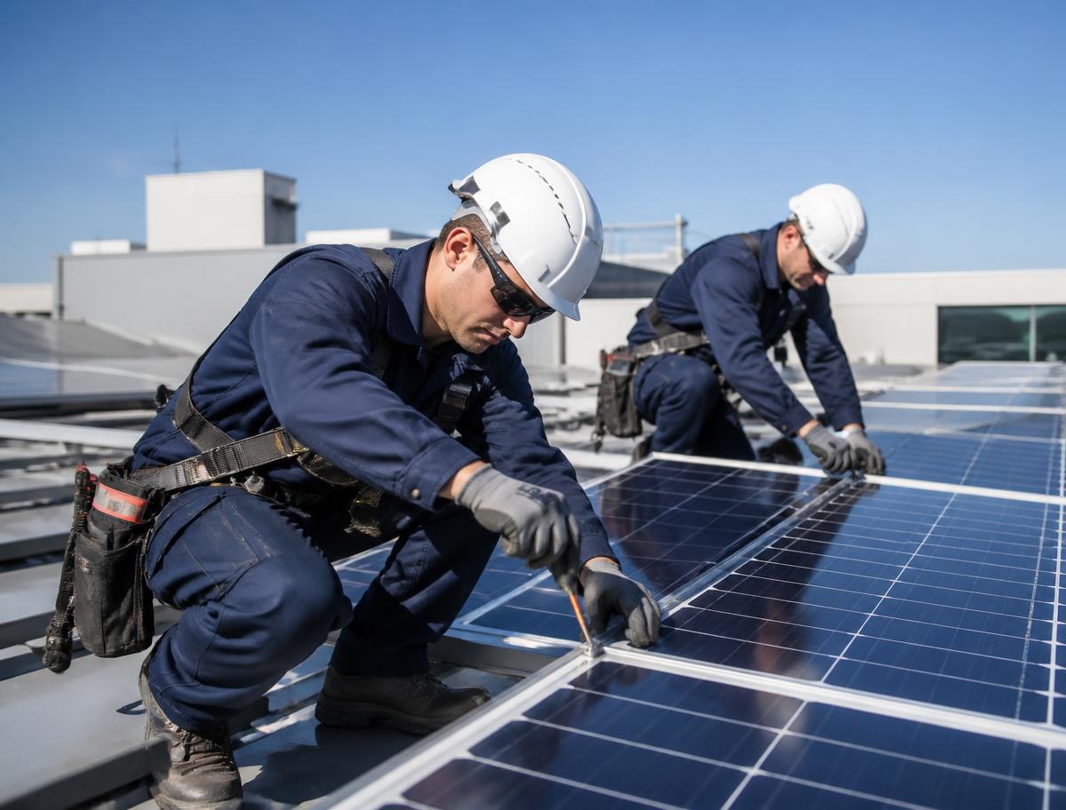 We Wired-Up technicians installing solar panels on a commercial rooftop